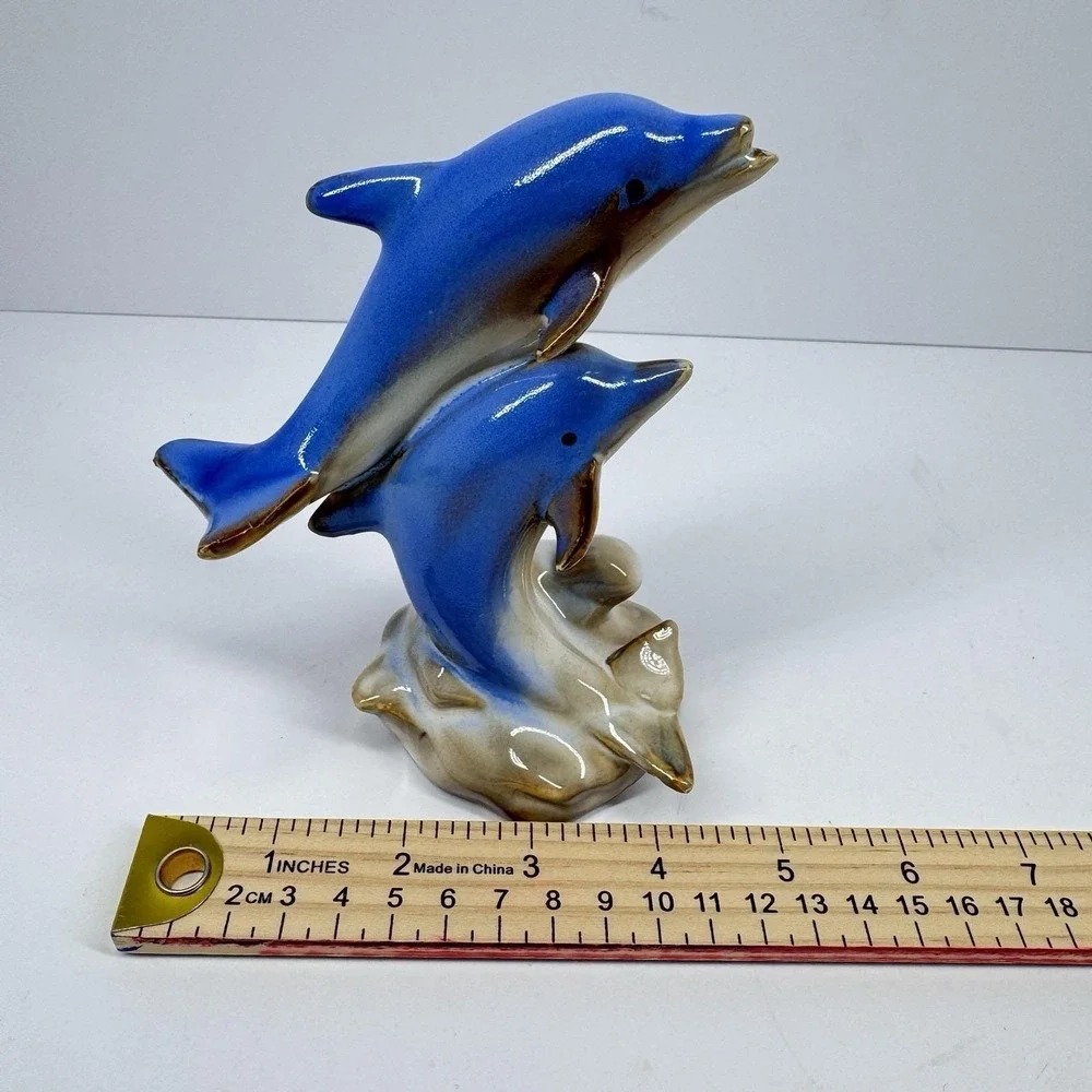 Vintage Ceramic Dolphin Pair Figurine Blue Brown Ocean Coastal Decor 6
